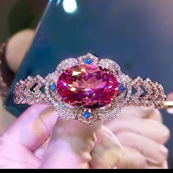 Unique Platinum Zircon Pink Morganite Bangle Bracelet - Picture 2 of 5